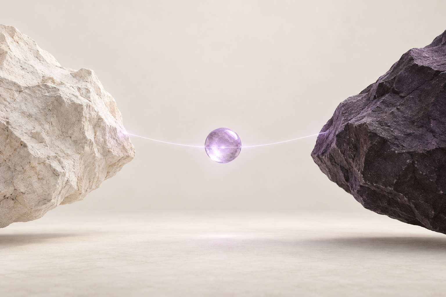 Two opposing stone forms connected by a lavender glass sphere
