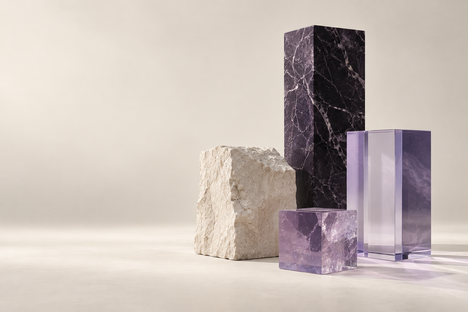 Raw stone and translucent lavender blocks arranged in an ivory studio