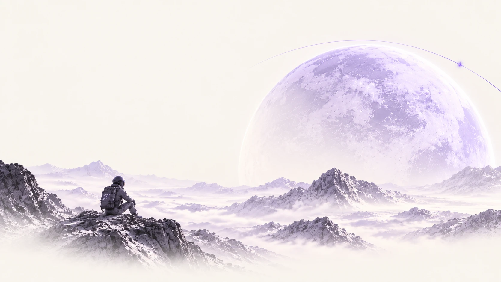 An astronaut seated on a fogged mountain ridge looking toward a lavender planet