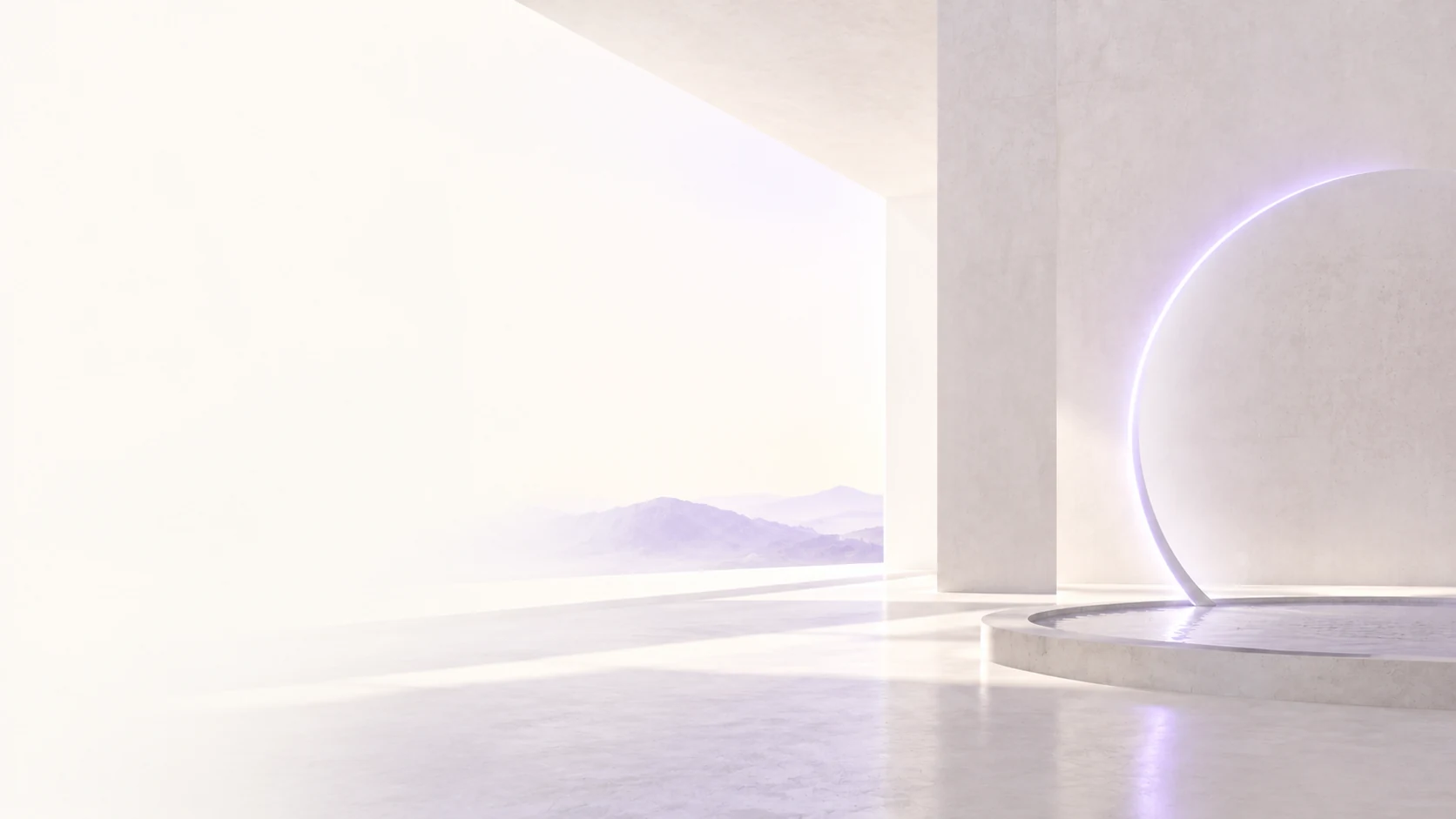 Quiet ivory architecture opening onto distant lavender mountains, with a slender luminous circle beside a reflecting pool