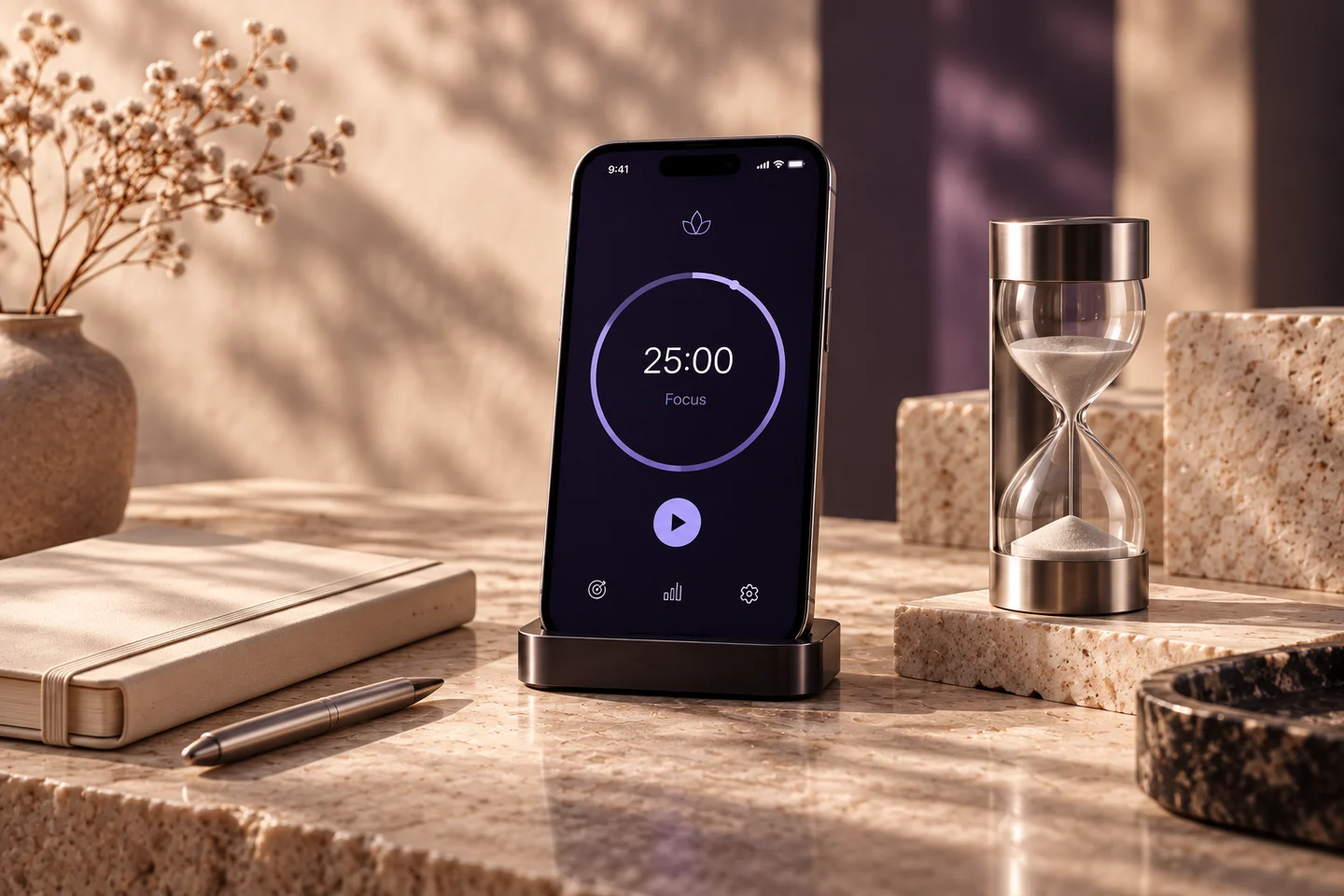 OpenRize focus timer concept with a notebook and hourglass